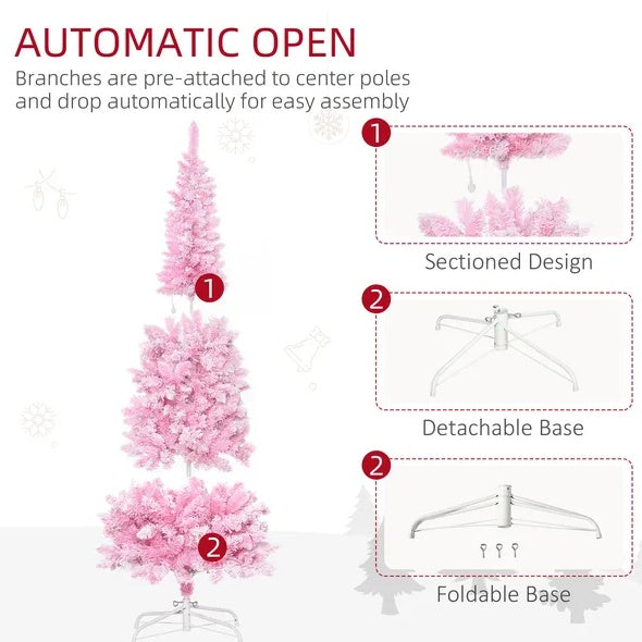 6ft Prelit Snow Flocked Artificial Christmas Tree With Pencil Shape, Pine Realistic Branches, Warm White LED Lights, Auto Open, Pink And White