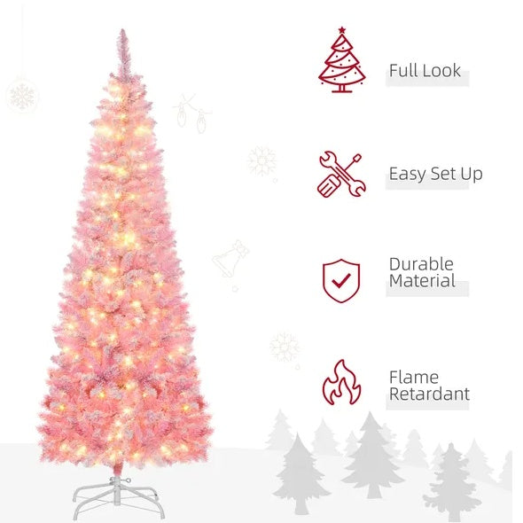 6ft Prelit Snow Flocked Artificial Christmas Tree With Pencil Shape, Pine Realistic Branches, Warm White LED Lights, Auto Open, Pink And White