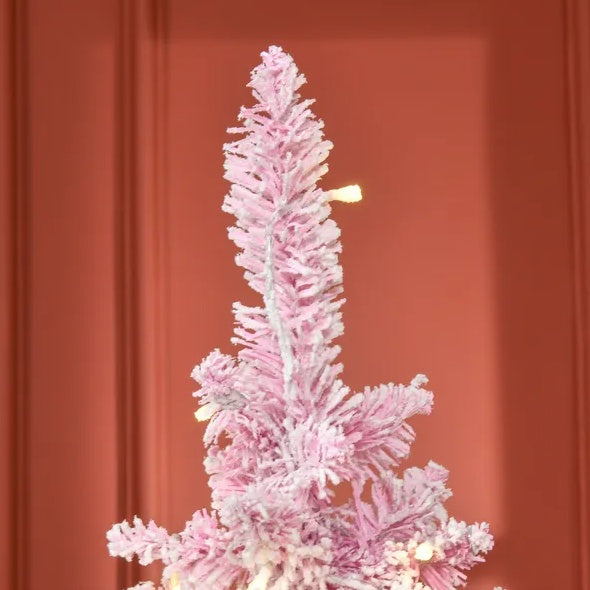 6ft Prelit Snow Flocked Artificial Christmas Tree With Pencil Shape, Pine Realistic Branches, Warm White LED Lights, Auto Open, Pink And White