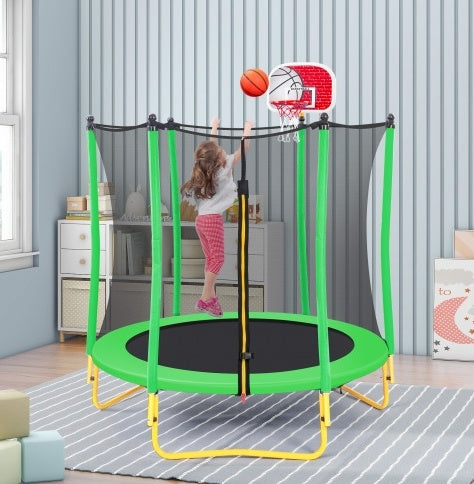 5.5FT Trampoline For Kids -65 Outdoor & Indoor Mini Toddler Trampoline With Enclosure, Basketball Hoop And Ball Included