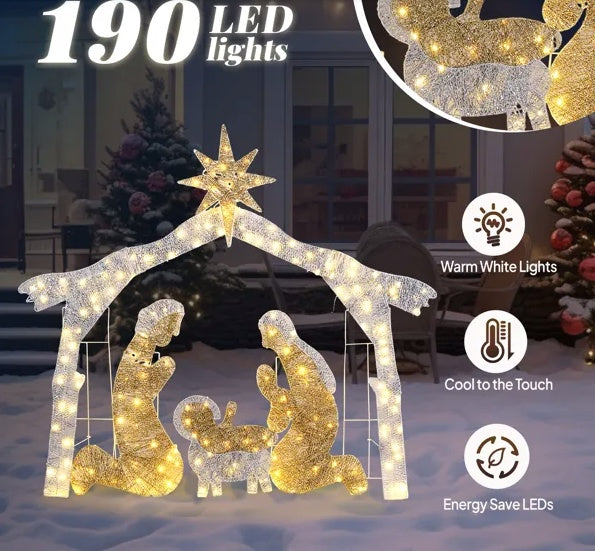 6ft Silver Roof 190LED Lights Nativity Scene Garden Jesus Decoration