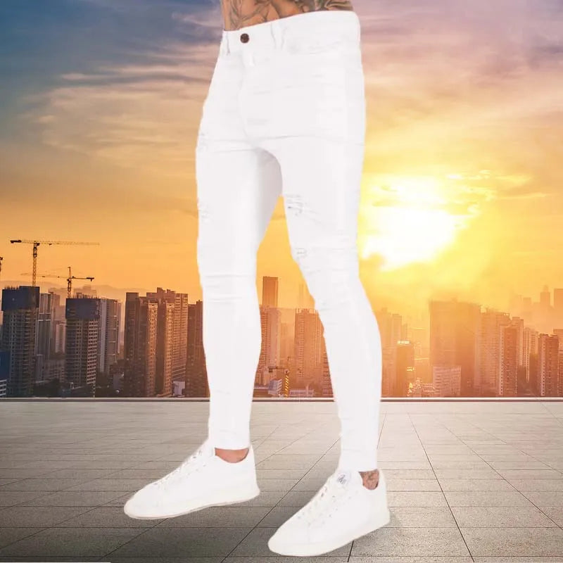 White Moto Skinny Ripped Pure Color Elastic Denim Pants