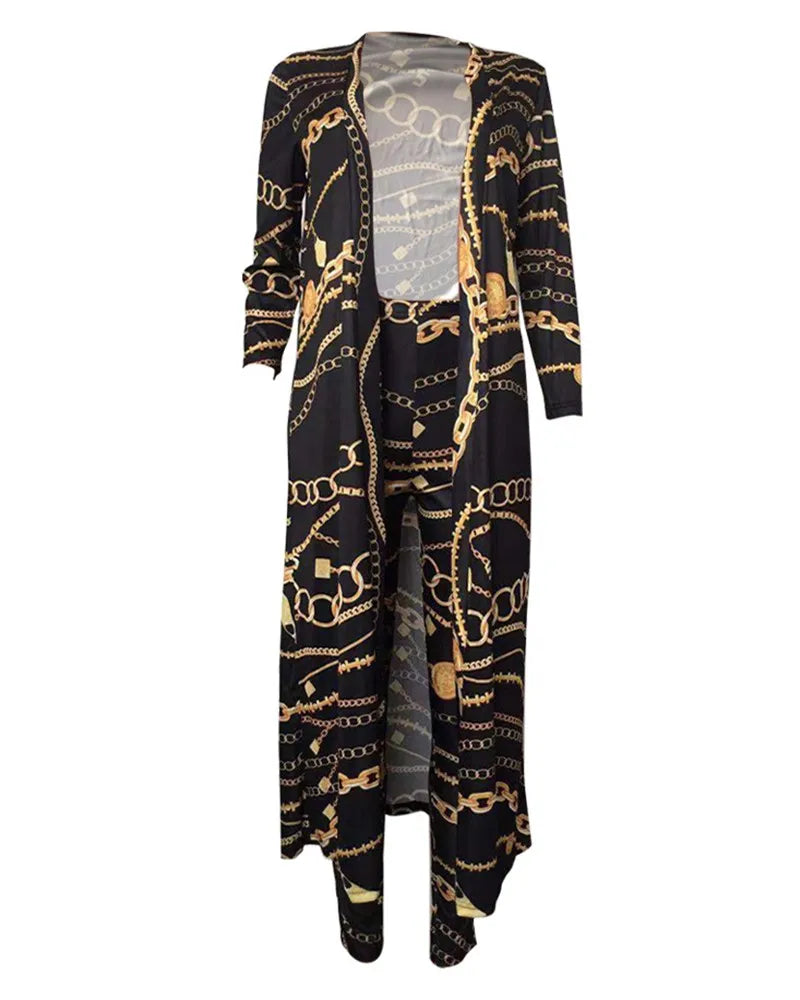 Print Longline Cardigan Coat & Pant Sets Women 2 Piece Set