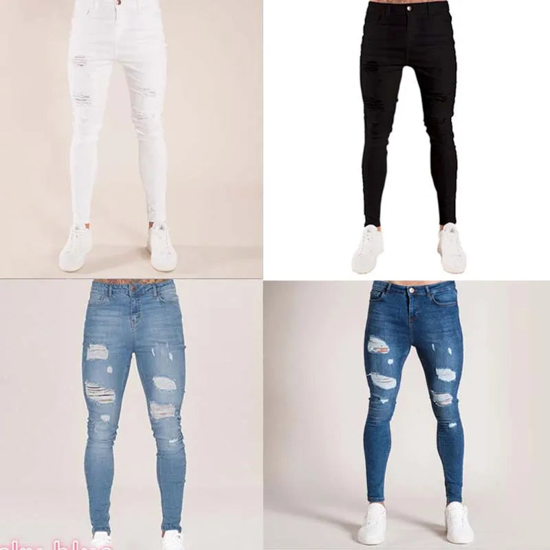 White Moto Skinny Ripped Pure Color Elastic Denim Pants