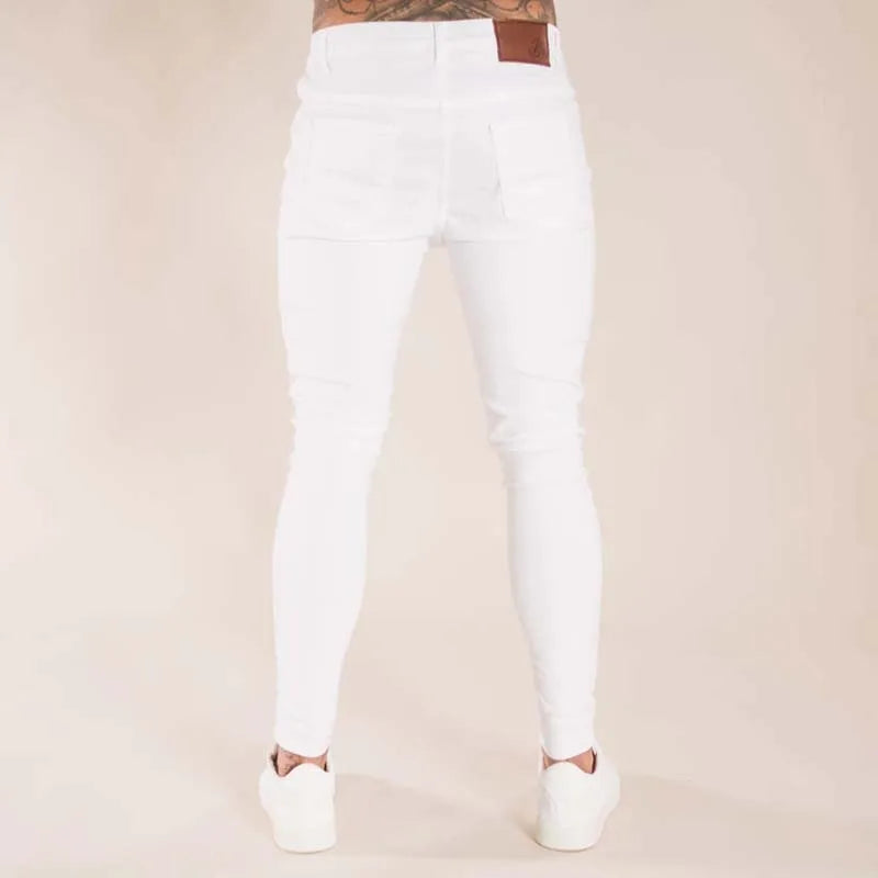 White Moto Skinny Ripped Pure Color Elastic Denim Pants