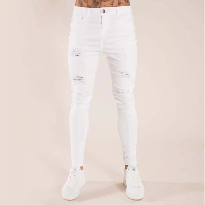 White Moto Skinny Ripped Pure Color Elastic Denim Pants