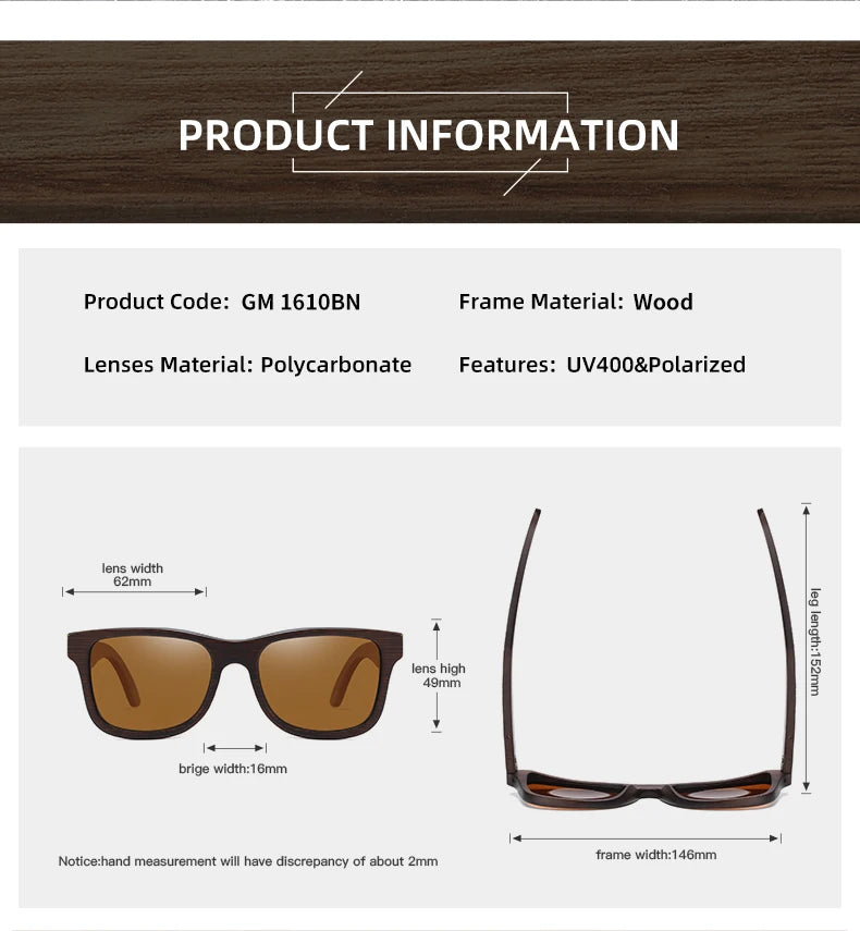 GM Handmade Natural Brown Wooden Sunglasses Women Men Brand Design Vintage Fashion Glasses Polarized Lens Dropshipping 1610BN