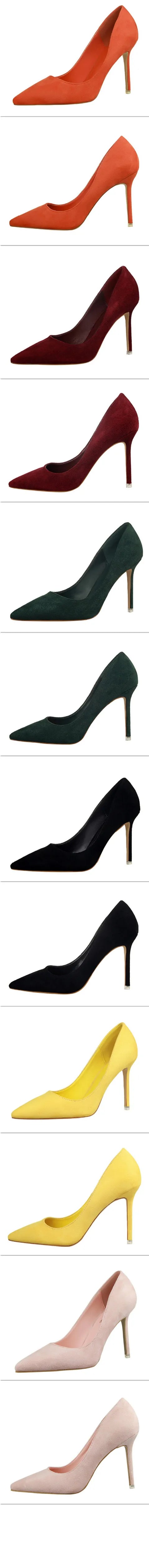 Plus Size 34-43 Woman Concise Office Shoes Fashion Pointed Toe Women Pumps Flock Shallow High Heels Women's Party Shoes 9 Colors