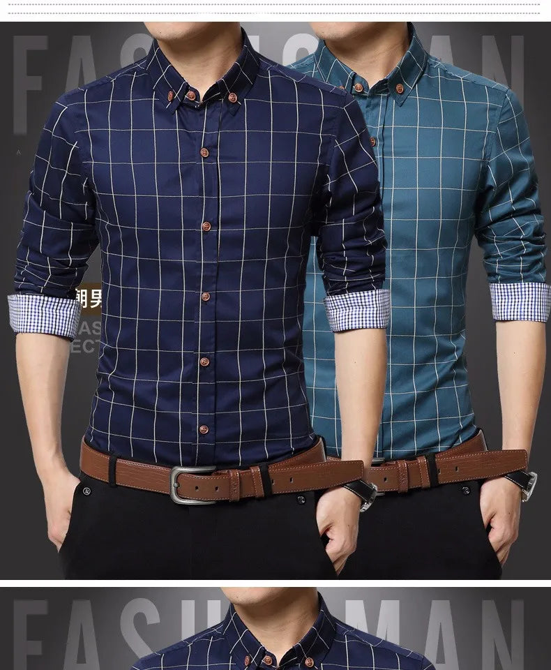 New Fashion Brand Mens Shirt Cotton Plaid Men Shirt Slim Fit Social Shirt Men Long-Sleeved Business Camisas Hombre M-5XL