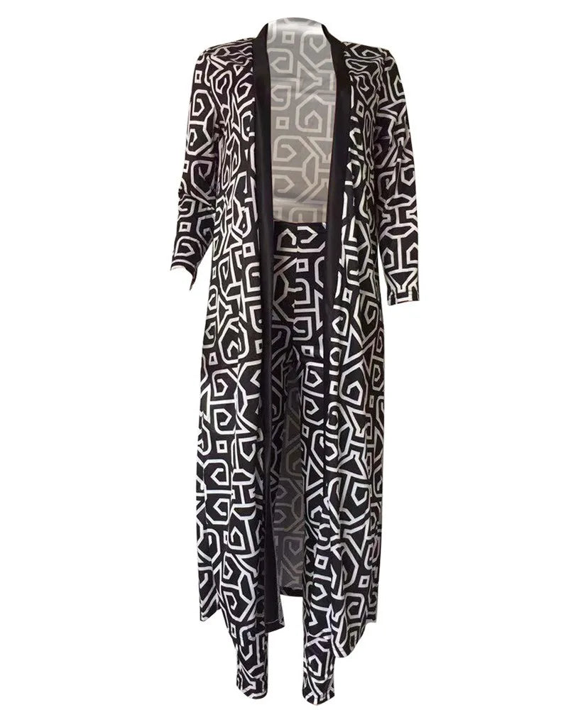 Print Longline Cardigan Coat & Pant Sets Women 2 Piece Set