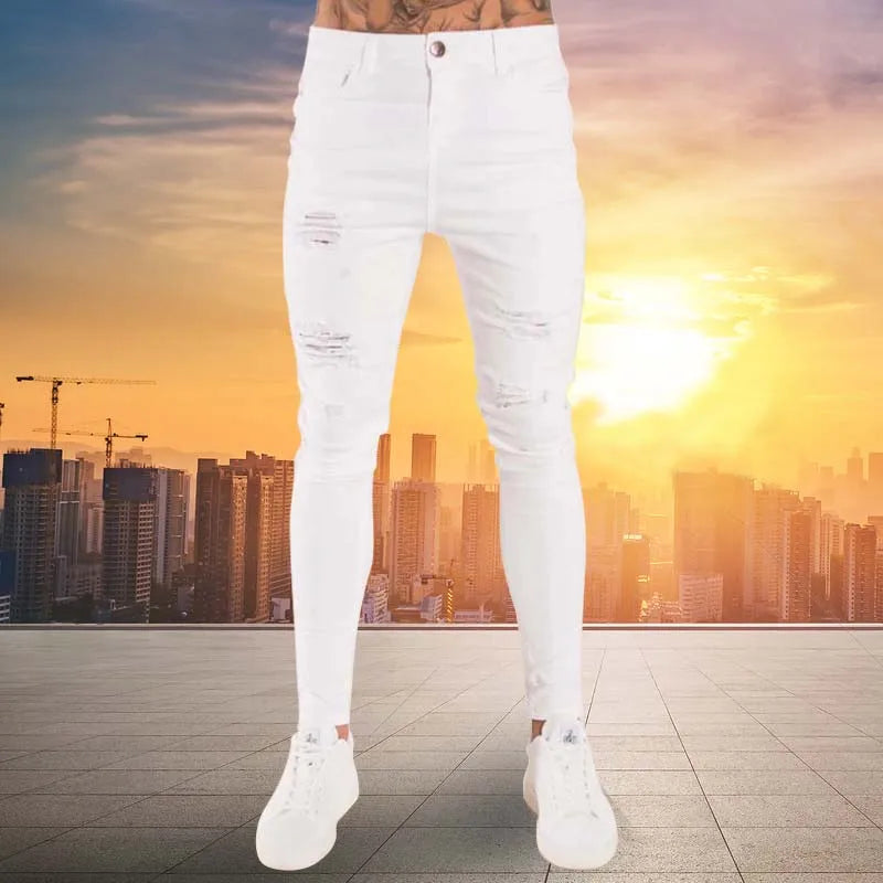 White Moto Skinny Ripped Pure Color Elastic Denim Pants