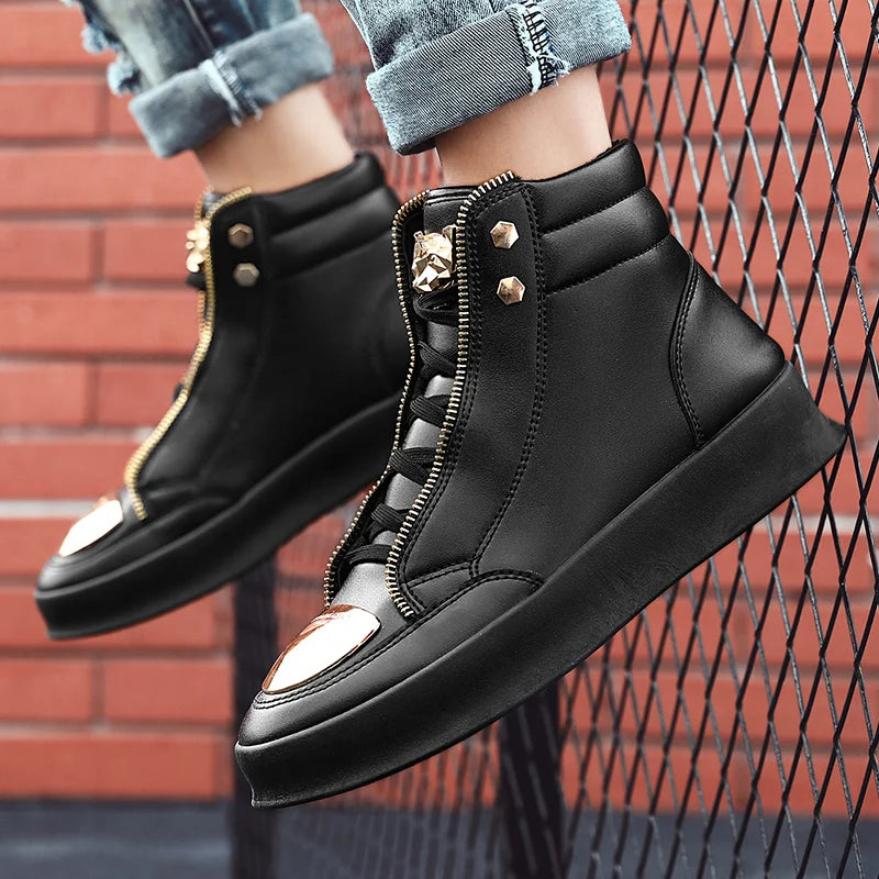 Hot Sale White High Top Sneakers Men Leather Casual Sneakers Fashion Zipper Design Ankle Boots Men Rock Street Hip Hop Shoes Men