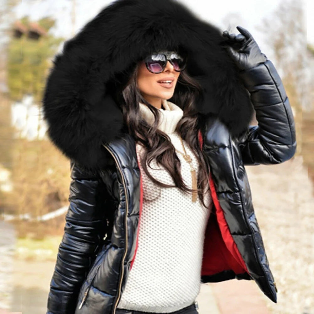 2025 Winter Plus Size Faux Fur Hooded Coat For Women Pu Leather Long Sleeve Jacket Ladies Solid Large Zipper Pocket Warm Outwear