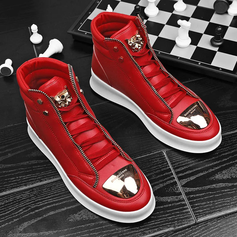 Hot Sale White High Top Sneakers Men Leather Casual Sneakers Fashion Zipper Design Ankle Boots Men Rock Street Hip Hop Shoes Men