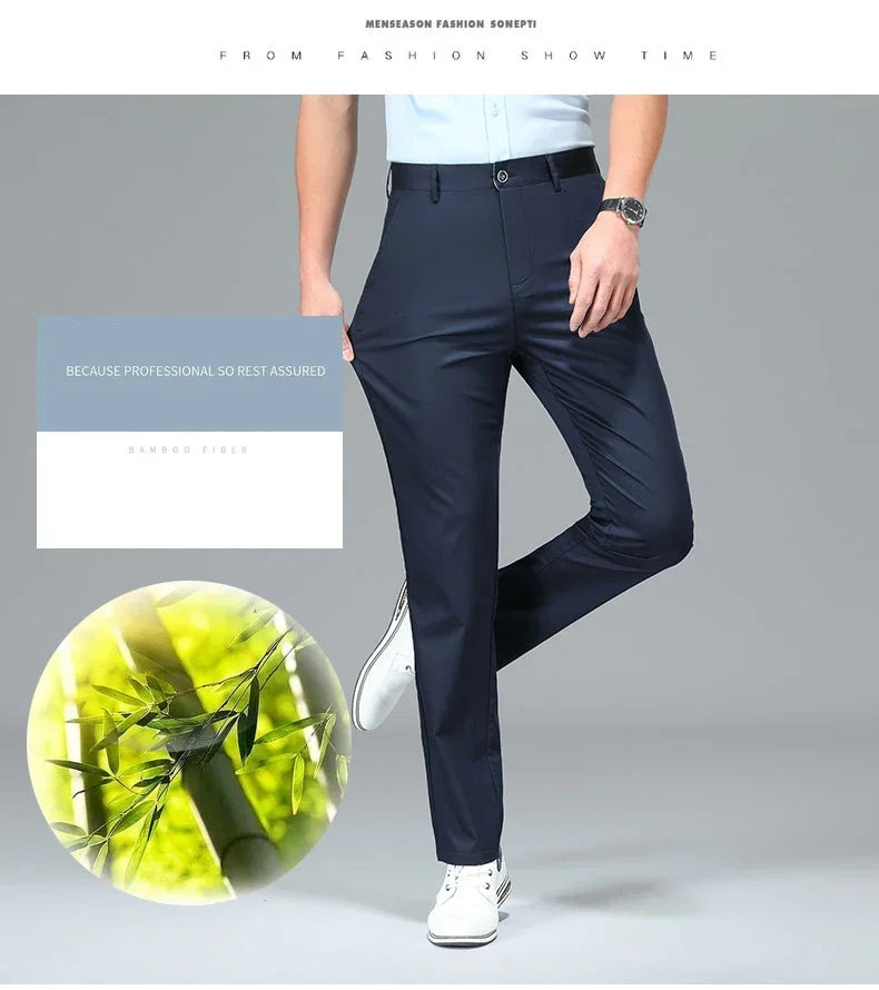 Bamboo Fiber Casual Pants Men's Spring Summer Solid Color Business Casual Fashion Straight Formal Suit Long Trousers Male