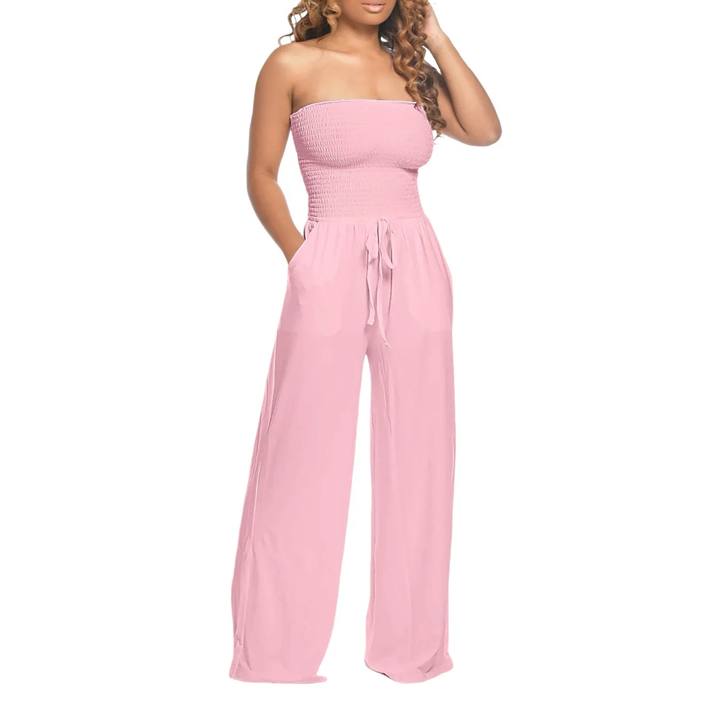 Sleeveless Strapless Lace Up Wide Leg Jumpsuit