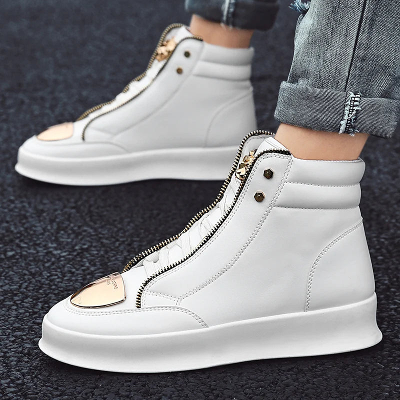 Hot Sale White High Top Sneakers Men Leather Casual Sneakers Fashion Zipper Design Ankle Boots Men Rock Street Hip Hop Shoes Men