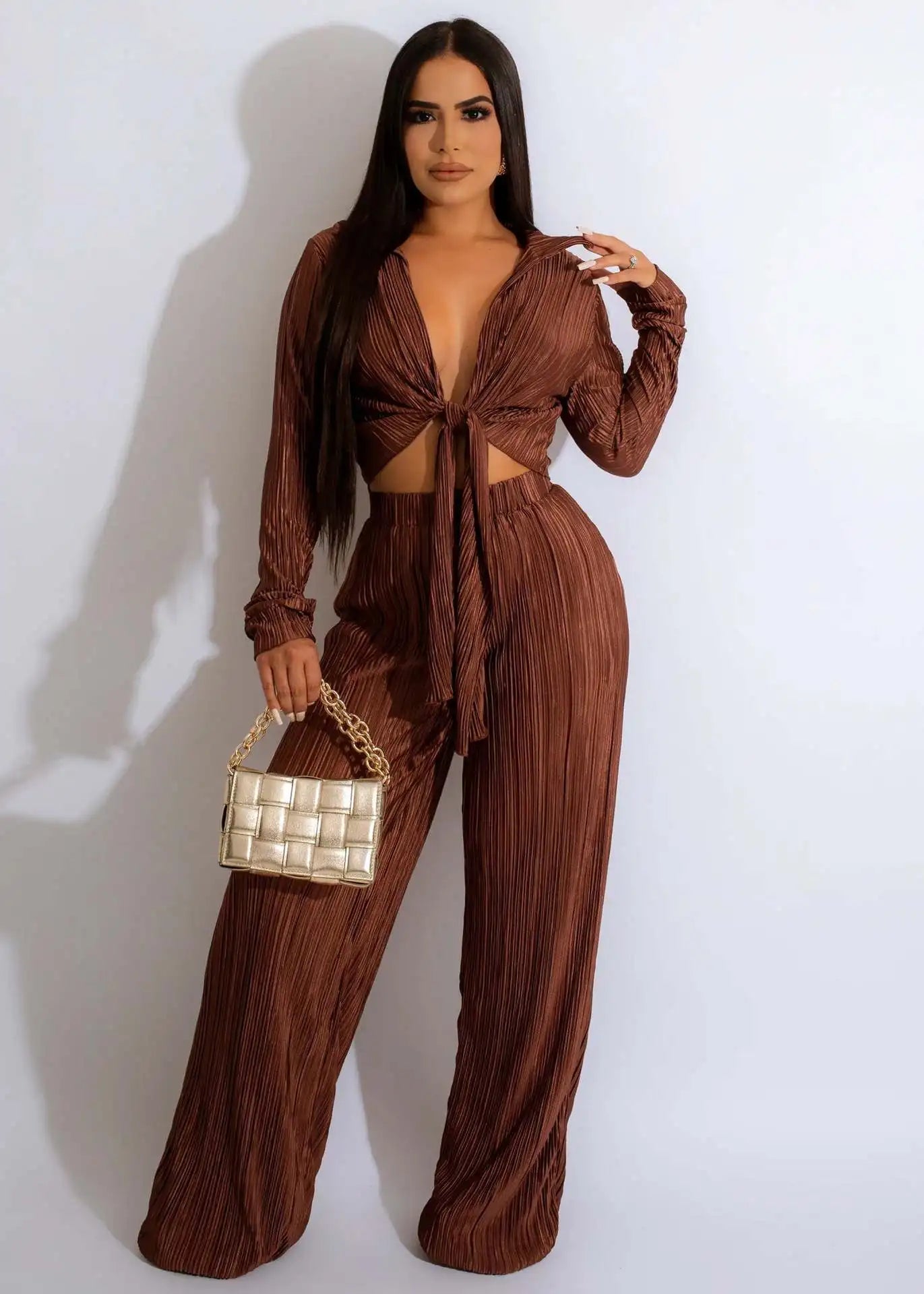 Elegant Pleated Ladies 2 Piece Set Women Sexy Lace Up V Neck Long Sleeve Crop Top + Wide Leg Pants Club Fall Outfits Tracksuit