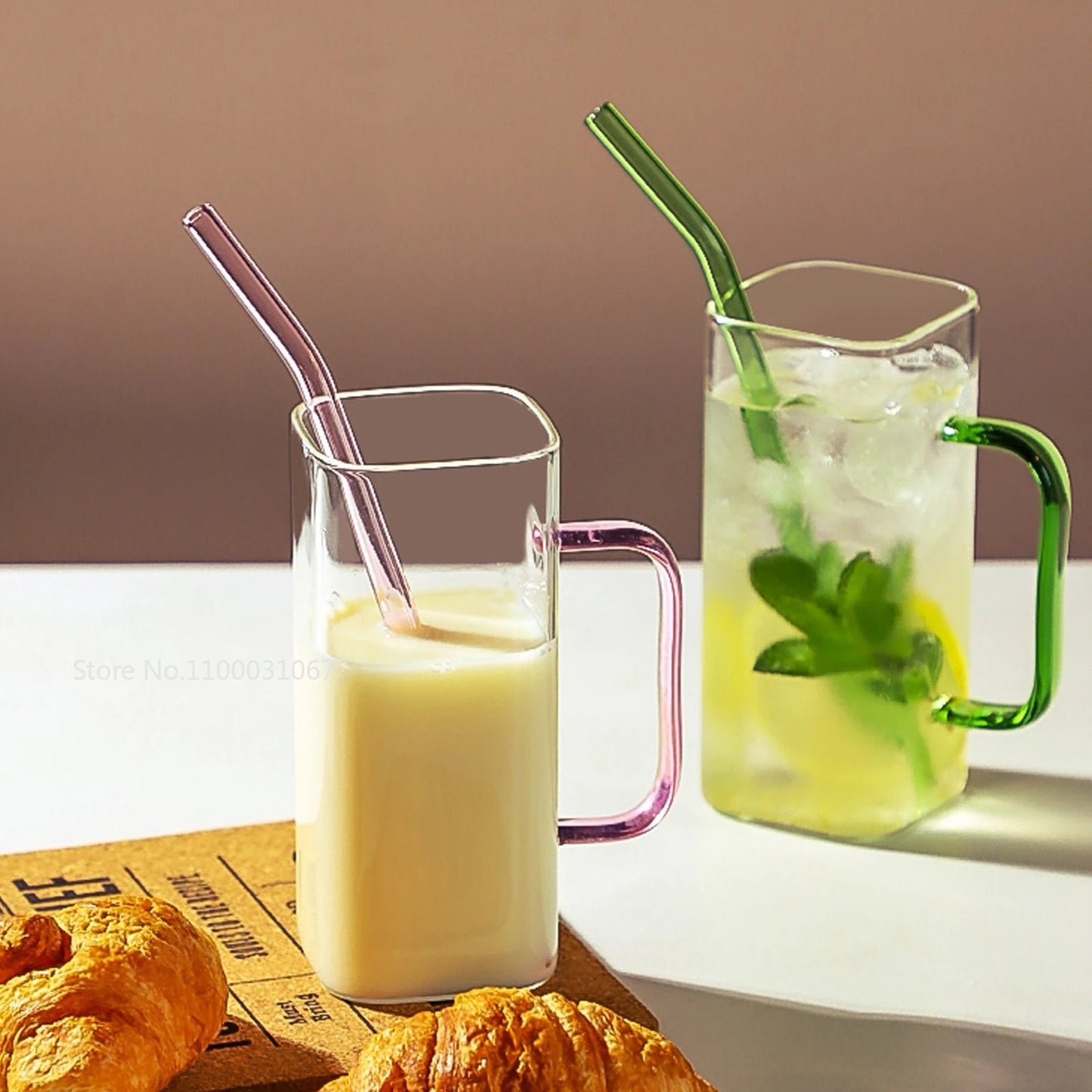 350ML Square Mug With Lids and Straws Single Colored Handle Layer Drinking Mug