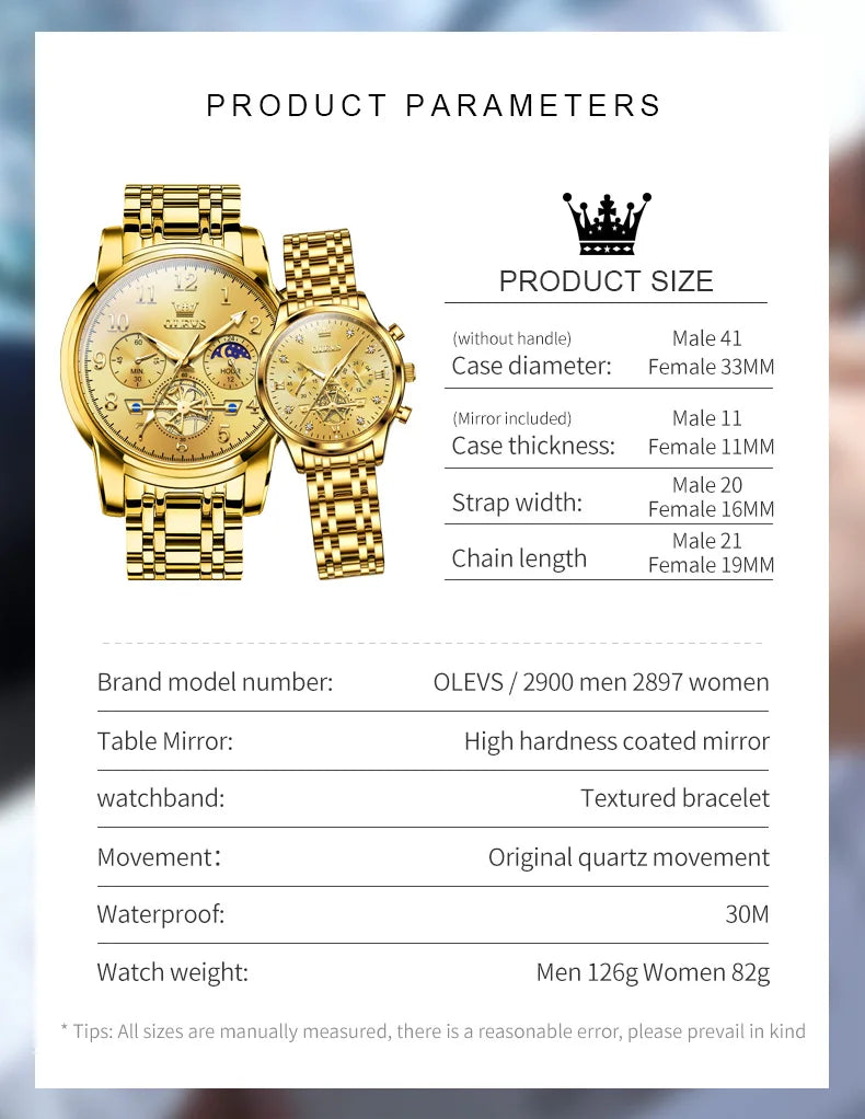 OLEVS New Flywheel Design Luxury Couple Watch Waterproof Moon Phase Chronograph Brand Original Quartz Wrist Watch for Men Women