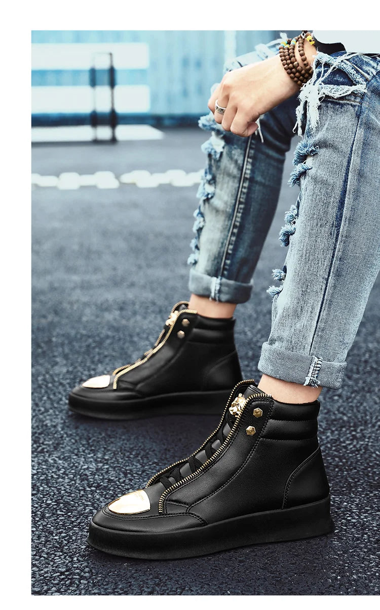 Hot Sale White High Top Sneakers Men Leather Casual Sneakers Fashion Zipper Design Ankle Boots Men Rock Street Hip Hop Shoes Men