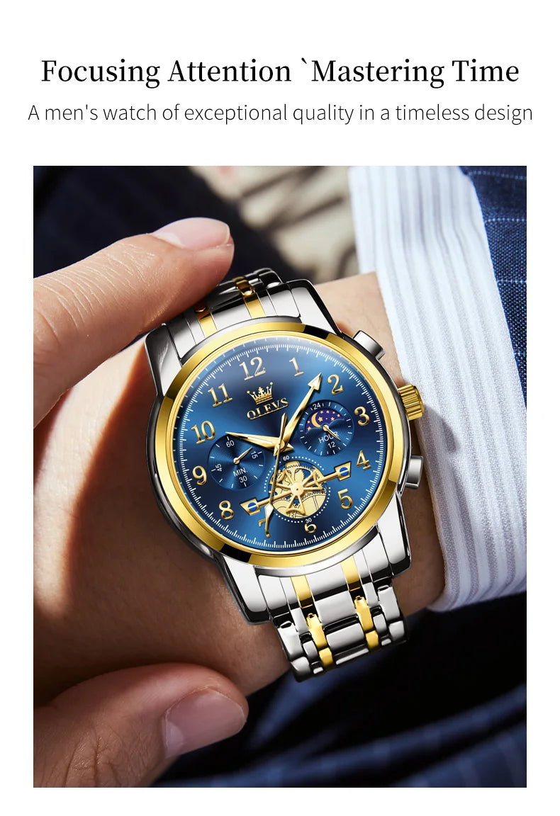 OLEVS New Flywheel Design Luxury Couple Watch Waterproof Moon Phase Chronograph Brand Original Quartz Wrist Watch for Men Women