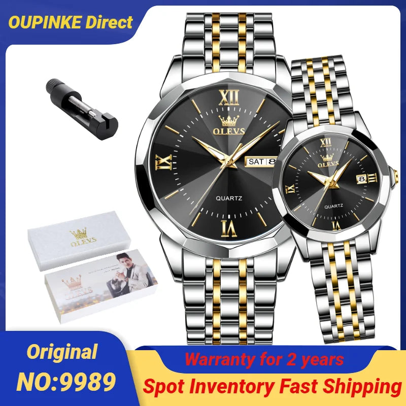 OLEVS Couple Watch Pair for Men Women Calendar Stainless steel His and Her Watches Classic Fashion Couple Wristwatches Set Gift