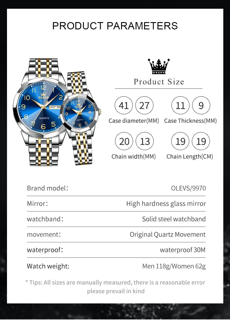 OLEVS 9970 Luxury Couple Watch Men Women Stainless Steel Waterproof Calendar Wristwatch Digital Dial Rhombus Mirror Lovers Watch