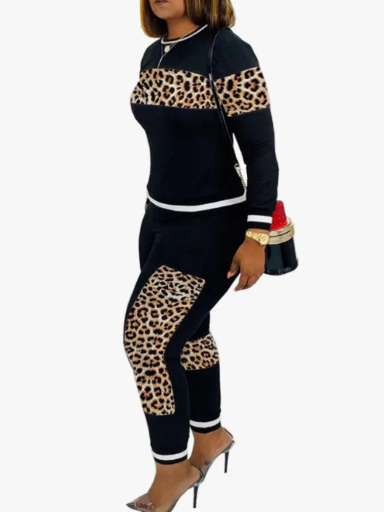 Leopard Print Ribbed Cuffs Top Pants Long Sleeve Set