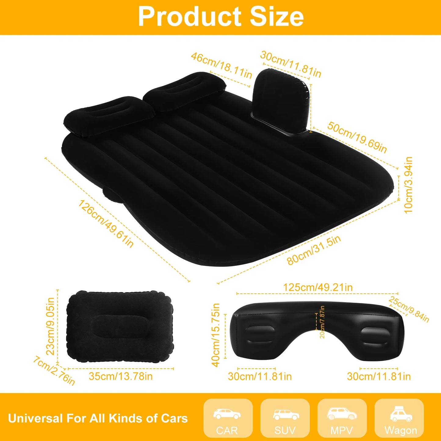 Car Air Mattress Portable Bed Back Seat Inflatable SUV Camping Mattress with Pump & 2 Pillows (Black)