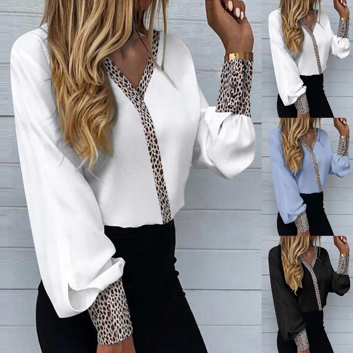 Fashion Leopard Stitching Long Sleeve Women Blouses For Work Professional V Neck Office Casual Tops Loose Chic Shirts Camisas