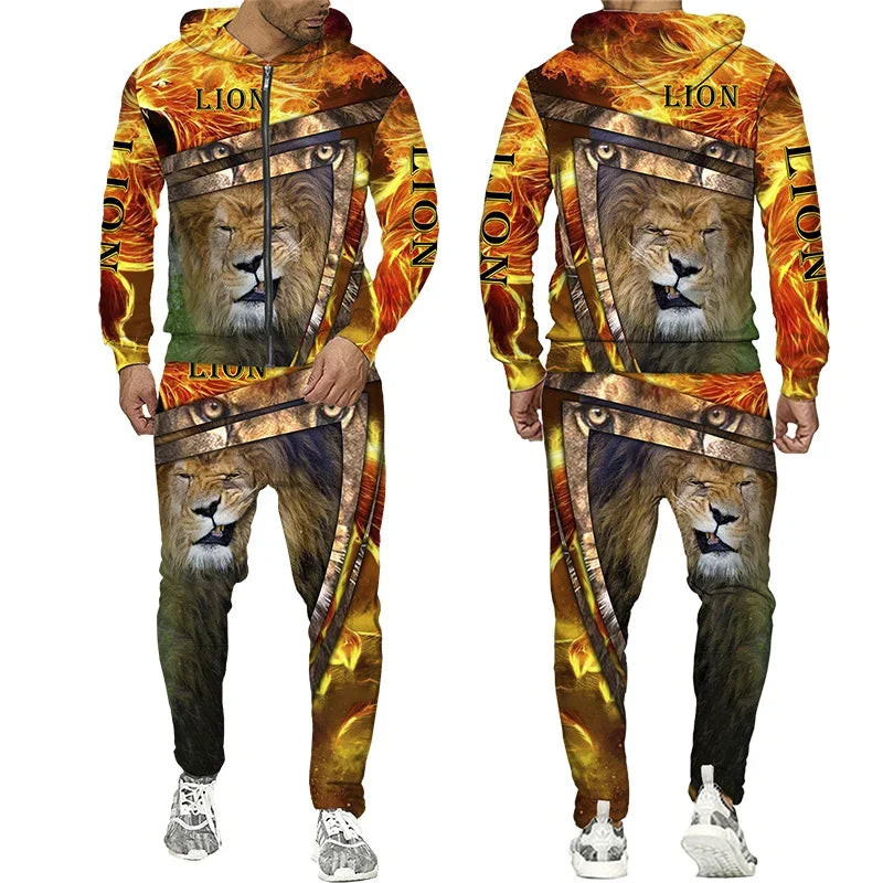 3D The Lion Print Men's Tracksuit Zipper Hoodies Sweatshirts Pants Sets Casual Streetwear Mens Clothing Women's Tracksuit S-6XL