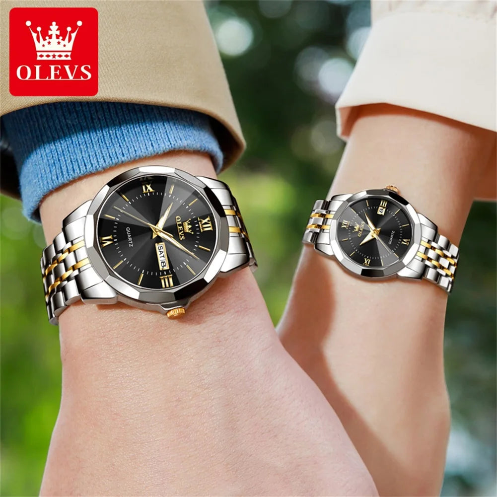 OLEVS Couple Watch Pair for Men Women Calendar Stainless steel His and Her Watches Classic Fashion Couple Wristwatches Set Gift