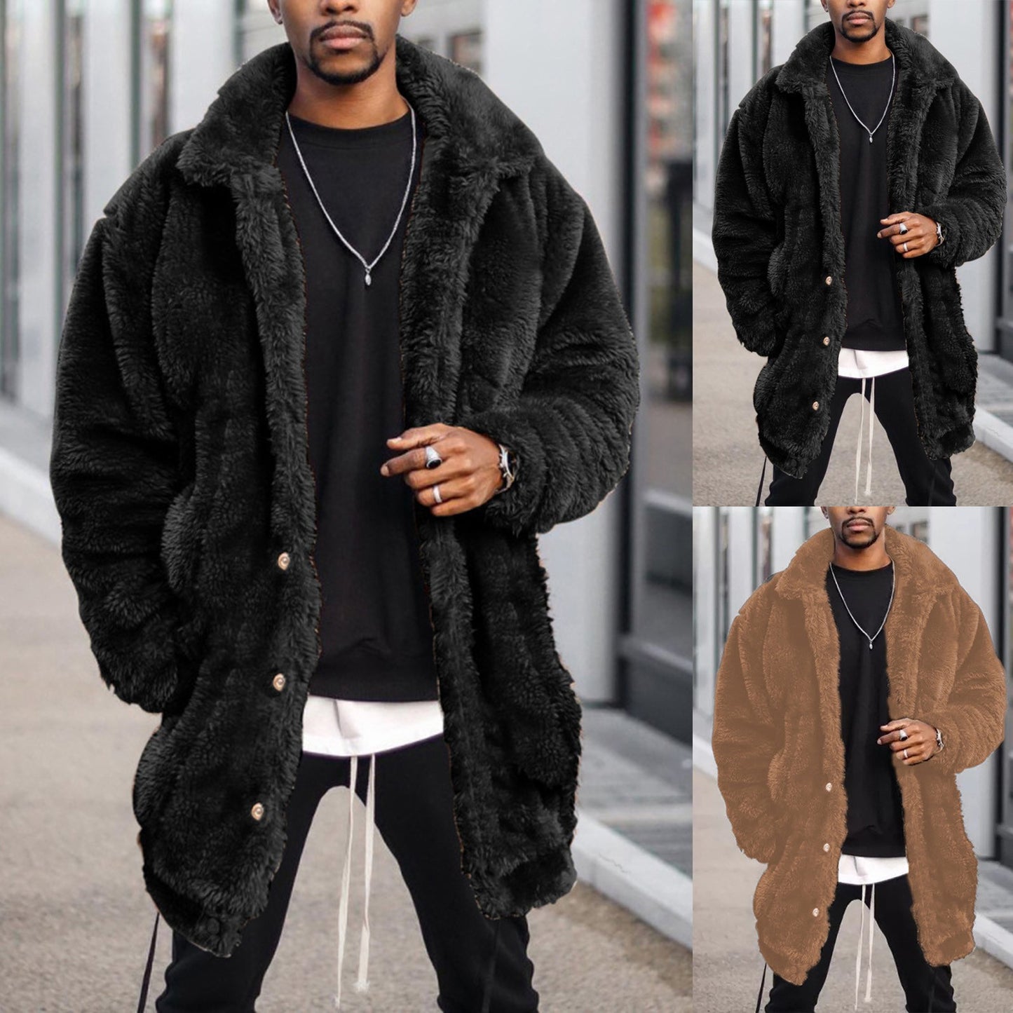 Winter Men Fluffy Fleece Thick Warm Coat Jacket Long Sleeve Hooded Coat Plush Buttons Closure Thicken Warm Men Coat Outerwear