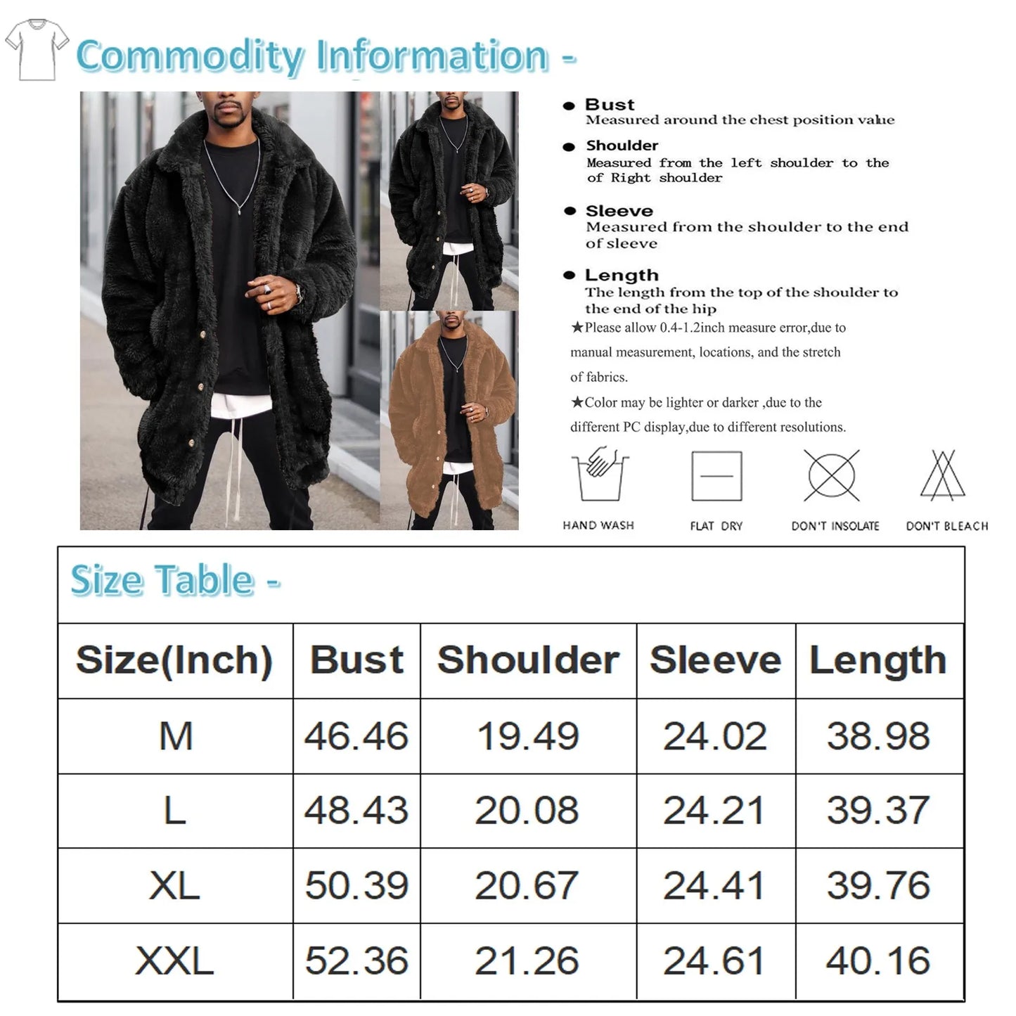 Winter Men Fluffy Fleece Thick Warm Coat Jacket Long Sleeve Hooded Coat Plush Buttons Closure Thicken Warm Men Coat Outerwear