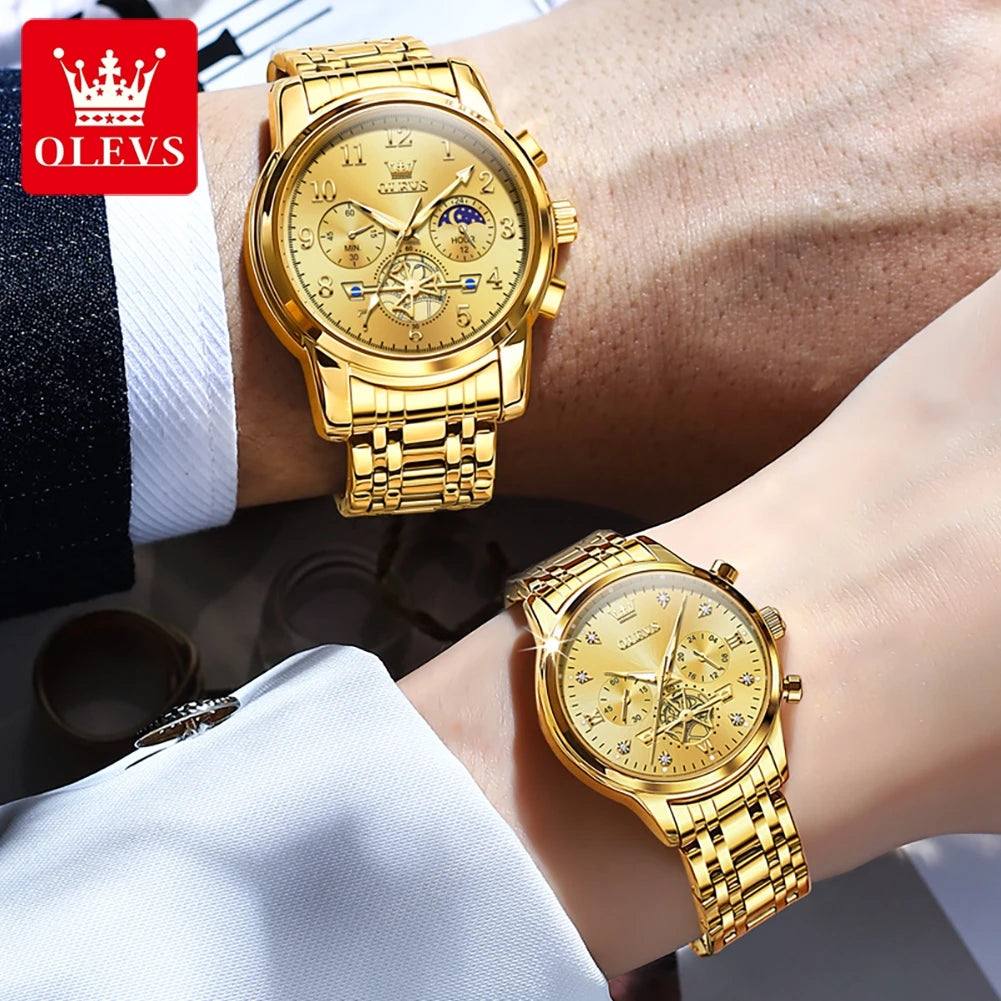 OLEVS New Flywheel Design Luxury Couple Watch Waterproof Moon Phase Chronograph Brand Original Quartz Wrist Watch for Men Women