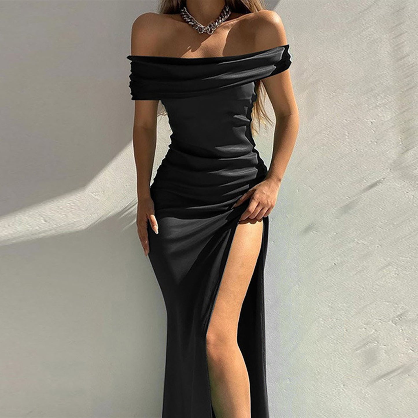 Off Shoulder Satin Slim Side Slit Midi Dress