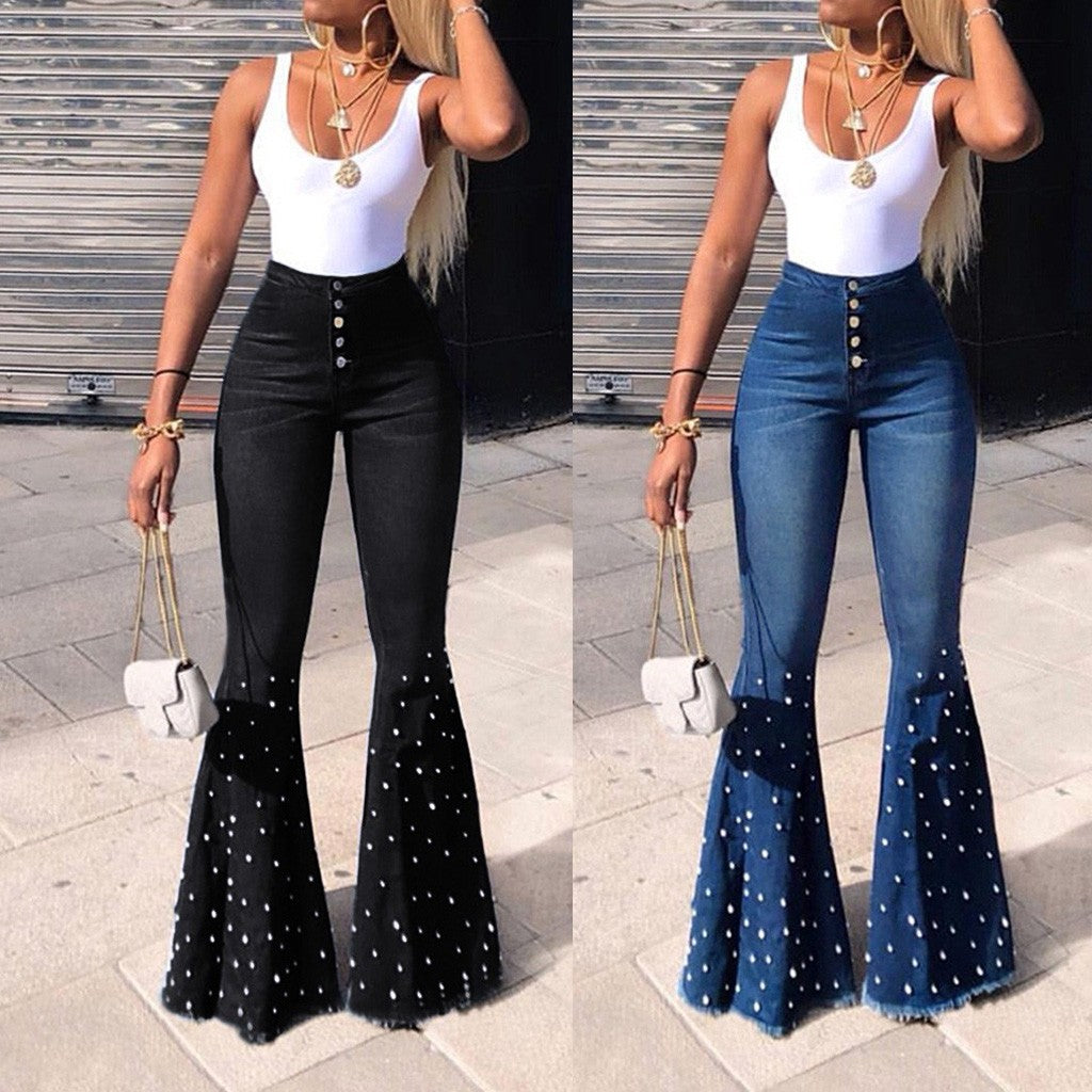 Denim Jeans For Women Plus Size High Waist Jeans Button Tassel Pants Trousers Bell-Bottom Pants Loose Straight Jeans Newjeans