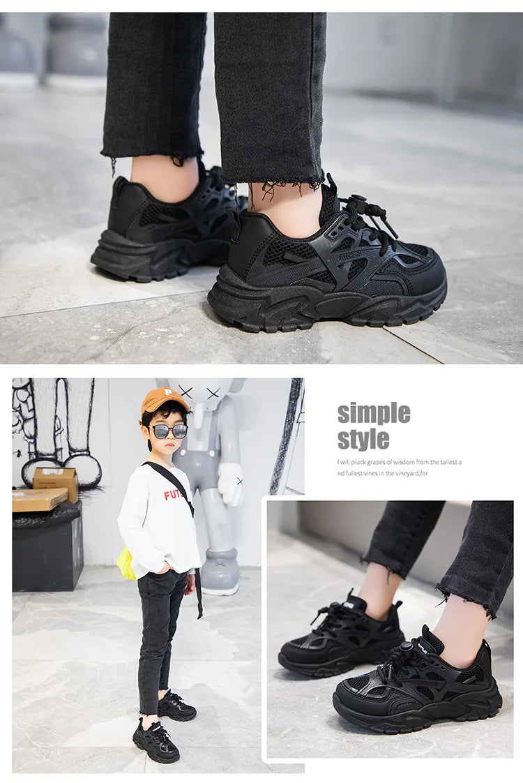 Black Simple Sneakers Lace Up Non-slip Kids Fashion Mesh Breathable Boys Sneakers 2022 Summer New All-match  Girls School Shoes