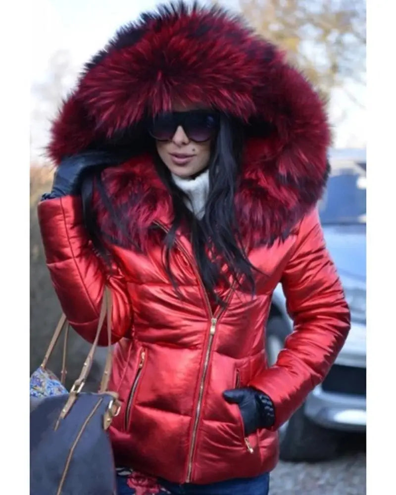 2025 Winter Plus Size Faux Fur Hooded Coat For Women Pu Leather Long Sleeve Jacket Ladies Solid Large Zipper Pocket Warm Outwear