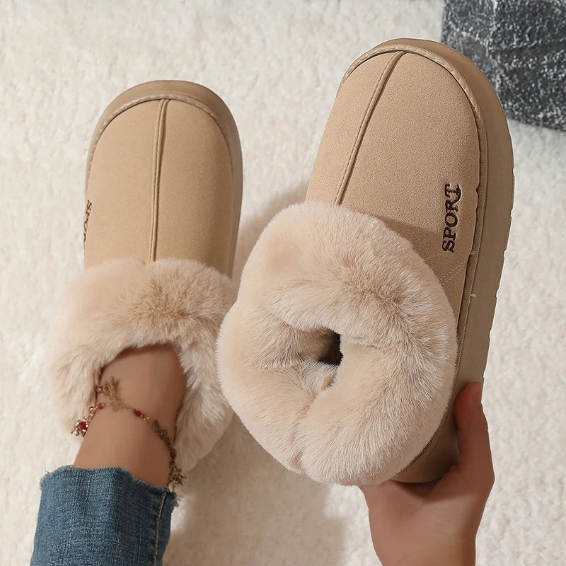 2024 Pink Faux Fur Winter Boots Women New Faux Suede Short Plush Snow Boots Woman Non Slip Thick Bottom Cotton Padded Shoes 45