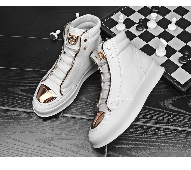 Hot Sale White High Top Sneakers Men Leather Casual Sneakers Fashion Zipper Design Ankle Boots Men Rock Street Hip Hop Shoes Men