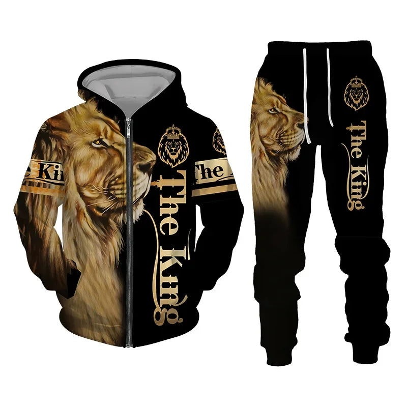 3D The Lion Print Men's Tracksuit Zipper Hoodies Sweatshirts Pants Sets Casual Streetwear Mens Clothing Women's Tracksuit S-6XL