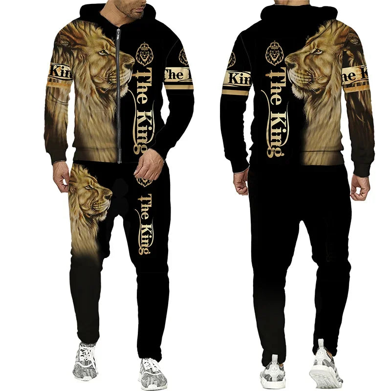 3D The Lion Print Men's Tracksuit Zipper Hoodies Sweatshirts Pants Sets Casual Streetwear Mens Clothing Women's Tracksuit S-6XL