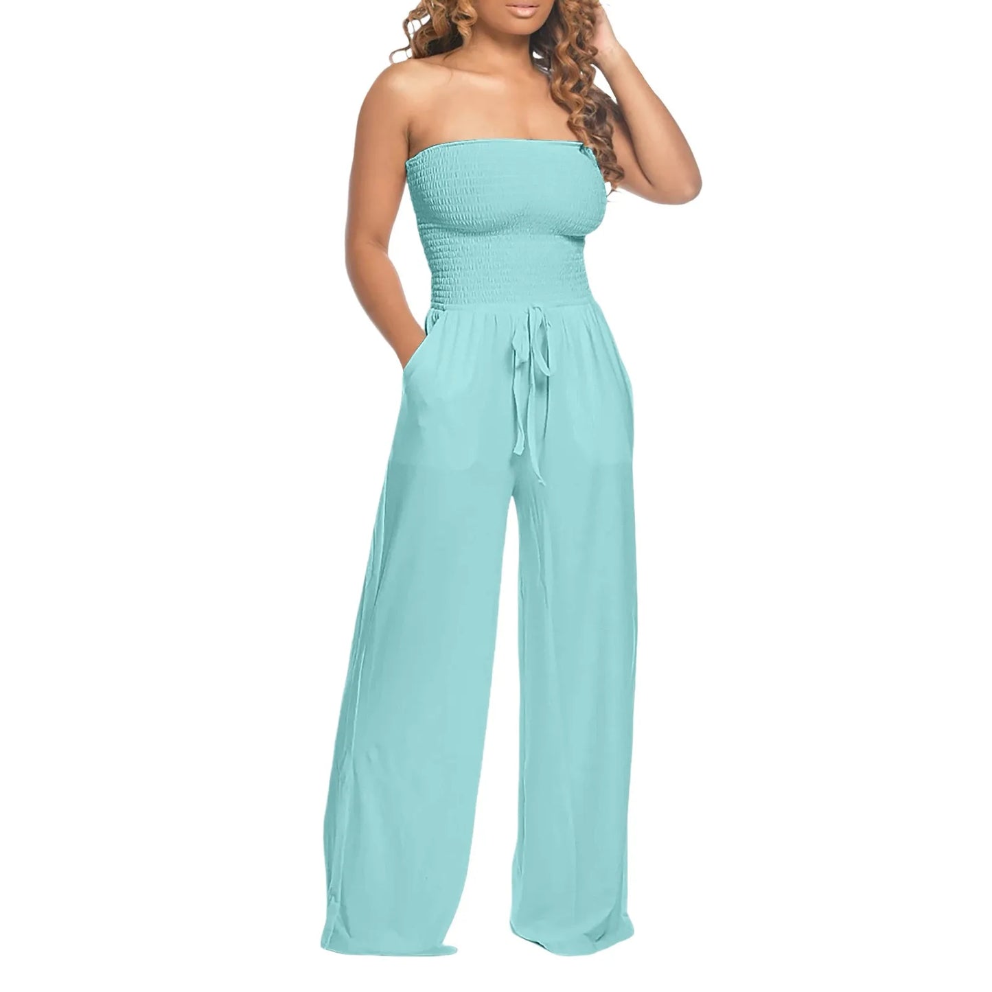 Elegant Soft Lace Jumpsuits Glitter Romper Women Solid Ruffle Lace Sleeveless Lace Up Jumpsuit Medium Length Straight Trousers