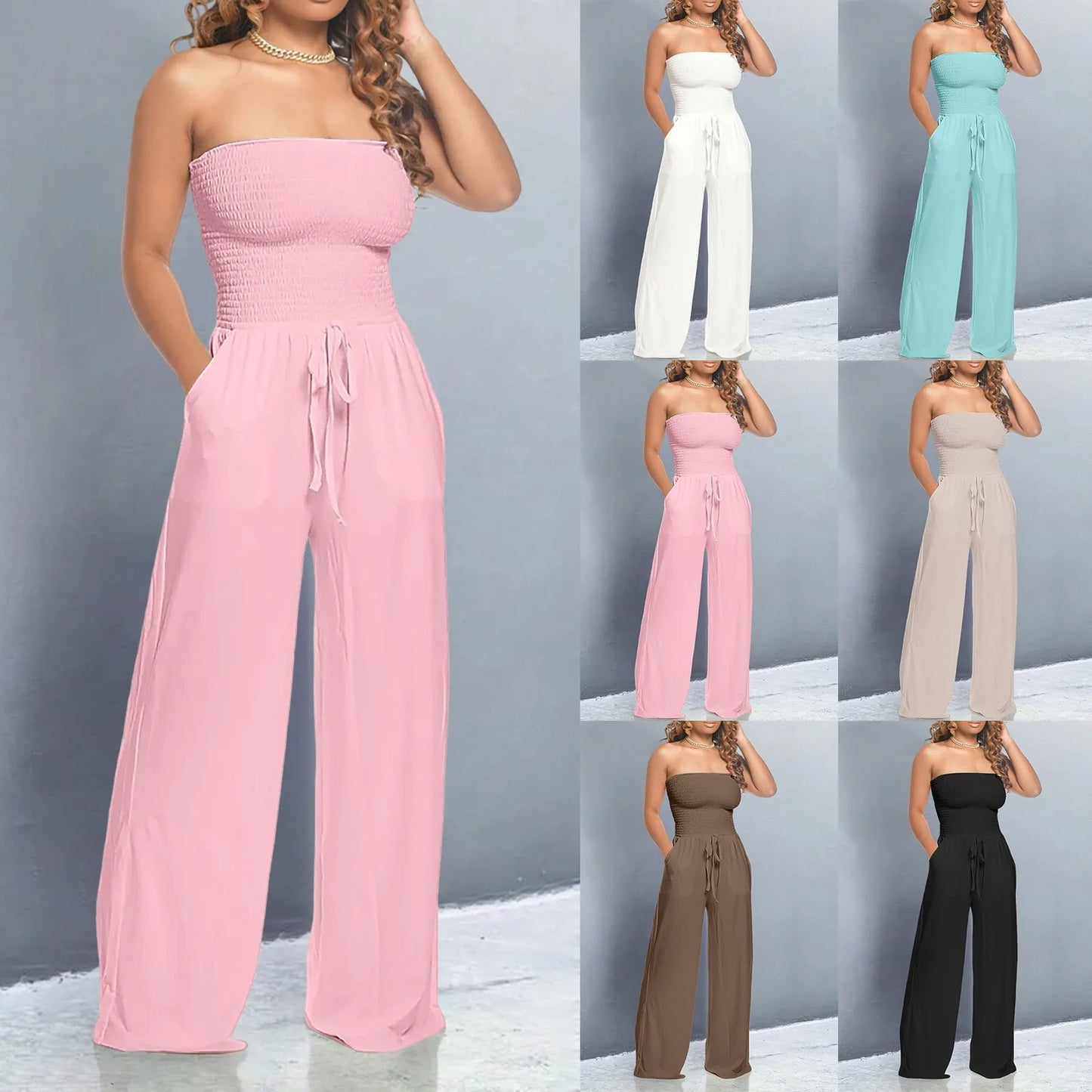 Sleeveless Strapless Lace Up Wide Leg Jumpsuit