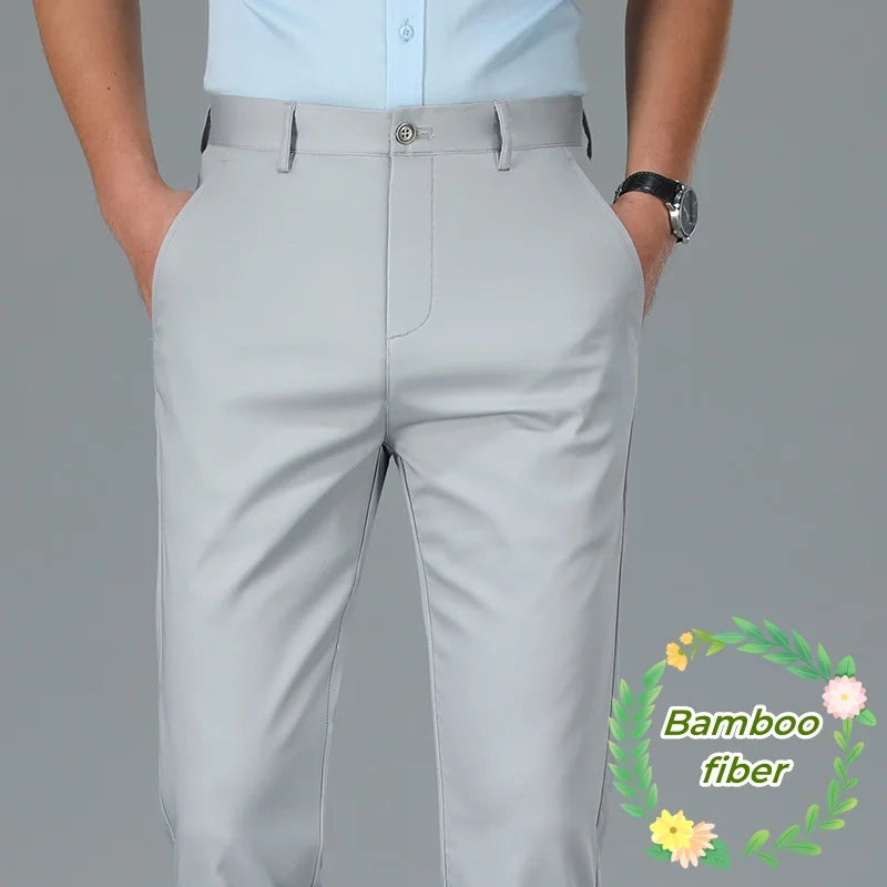 Bamboo Fiber Casual Pants Men's Spring Summer Solid Color Business Casual Fashion Straight Formal Suit Long Trousers Male