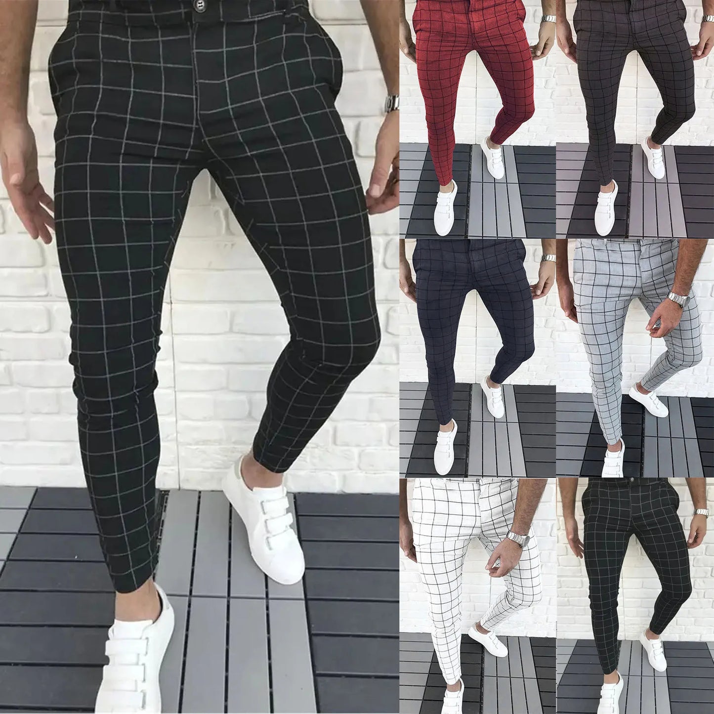 Mens Four Seasons Fashion Casual Plaid Printed Pocket Zipper Button Feet Pants Suit Pants Running Workout Jogging Long Pants