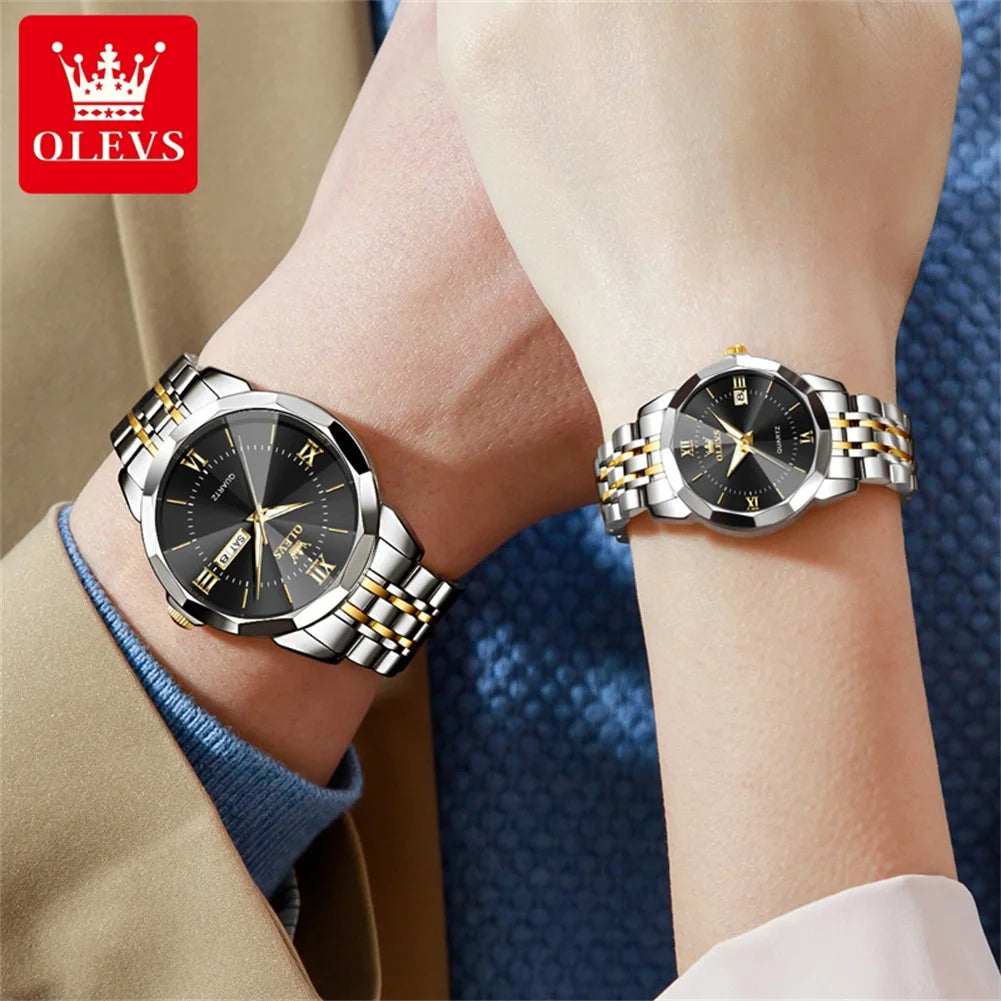 OLEVS Couple Watch Pair for Men Women Calendar Stainless steel His and Her Watches Classic Fashion Couple Wristwatches Set Gift