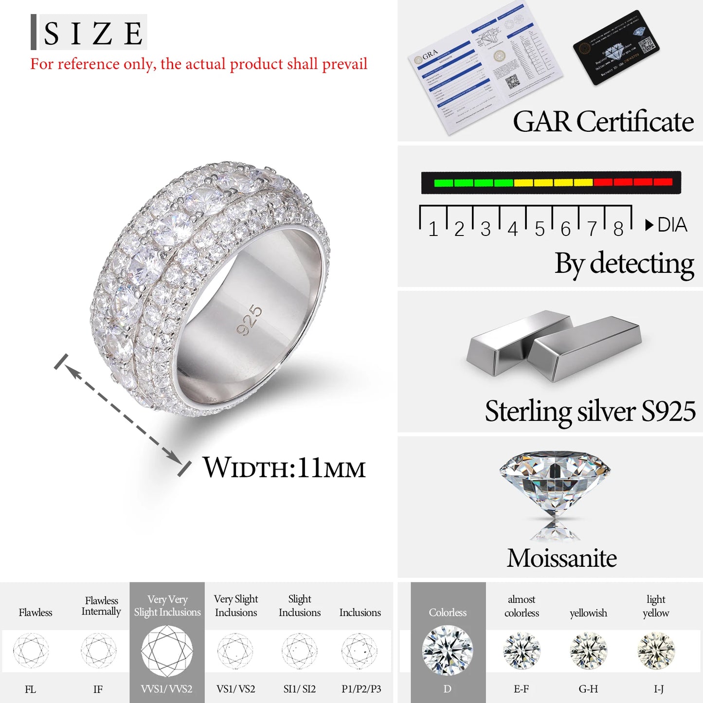 Luxury VVS1 3 Row 11mm Width Moissanite Ring In S925 Silver Ring Hip Hop Jewelry Pave Setting With Certificate Fine Jewlery Gift